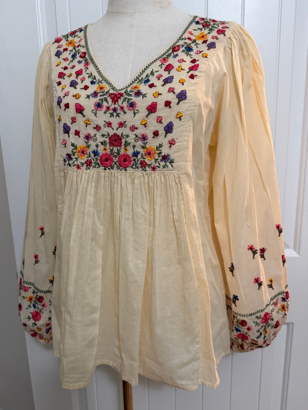 Cream Embroidered Peasant Blouse with Colorful Floral Detail - Picture 3 of 17